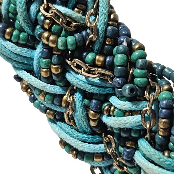 Handcrafted Boho Turquoise Gold Braided Seed Bead Chunky Necklace Retro Fashion - Picture 2 of 5